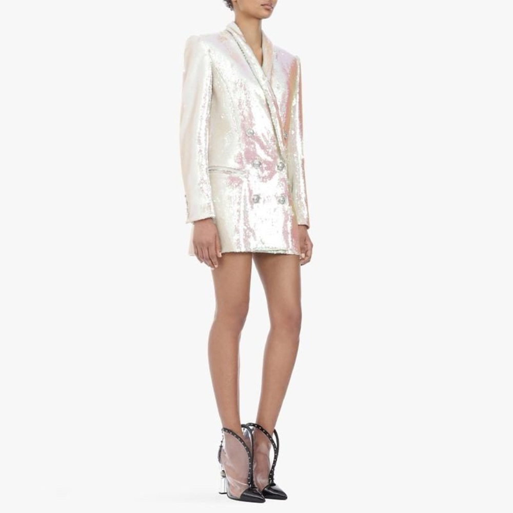 White Sequin Pearl Blazer With Silver Lion Head Buttons Size Small